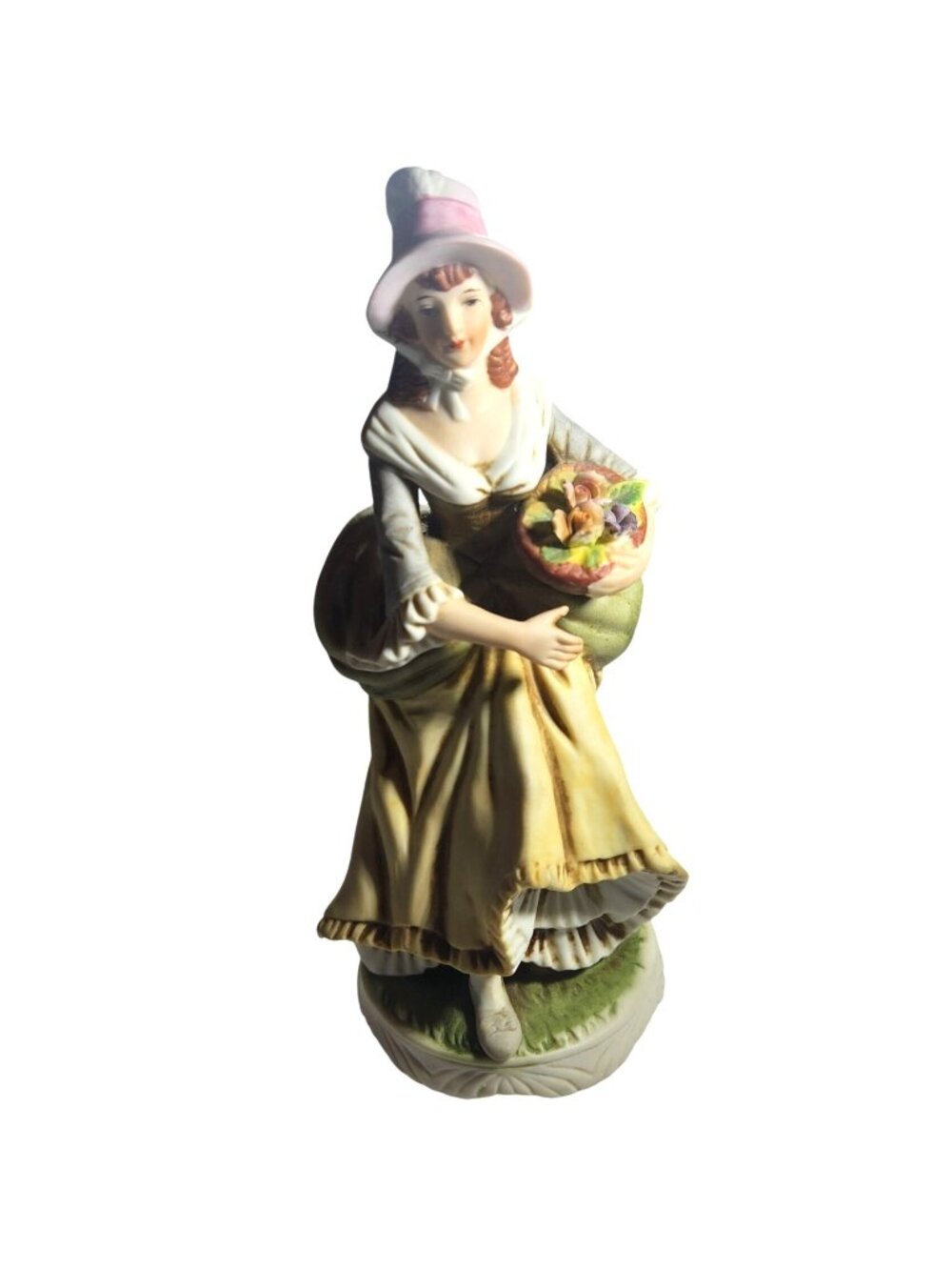 Lady Figurine Basket Of Flowers 8 inches Vtg Porcelain  yellow dress